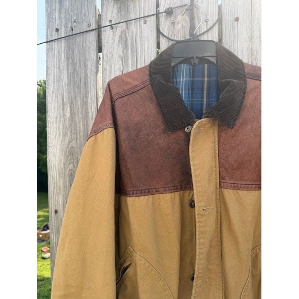 Vintage Tommy Hilfiger Canvas Barn Chore Jacket Tan Leather Yoke Corduroy Plaid - Picture 4 of 16
